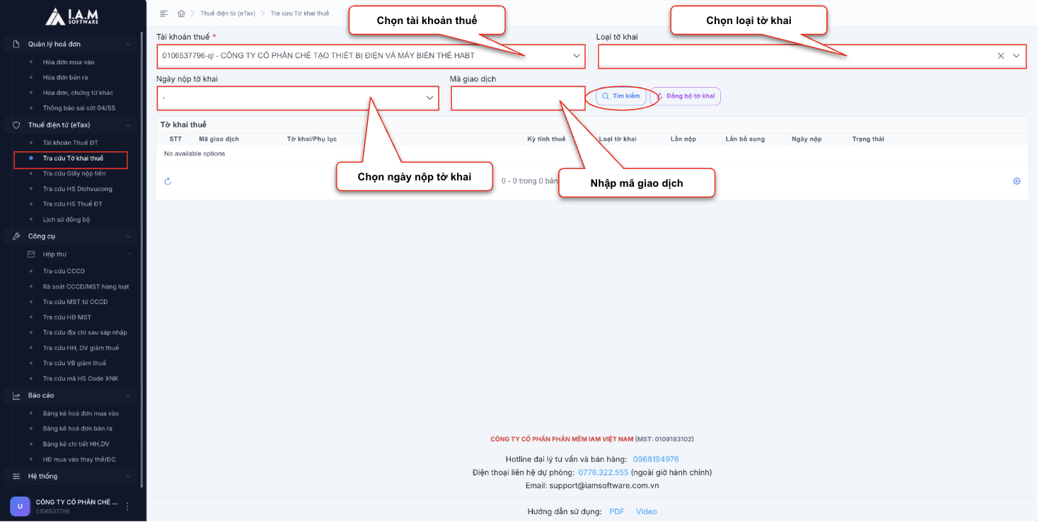 18. Màn hình thao tác tra cứu tờ khai thuế