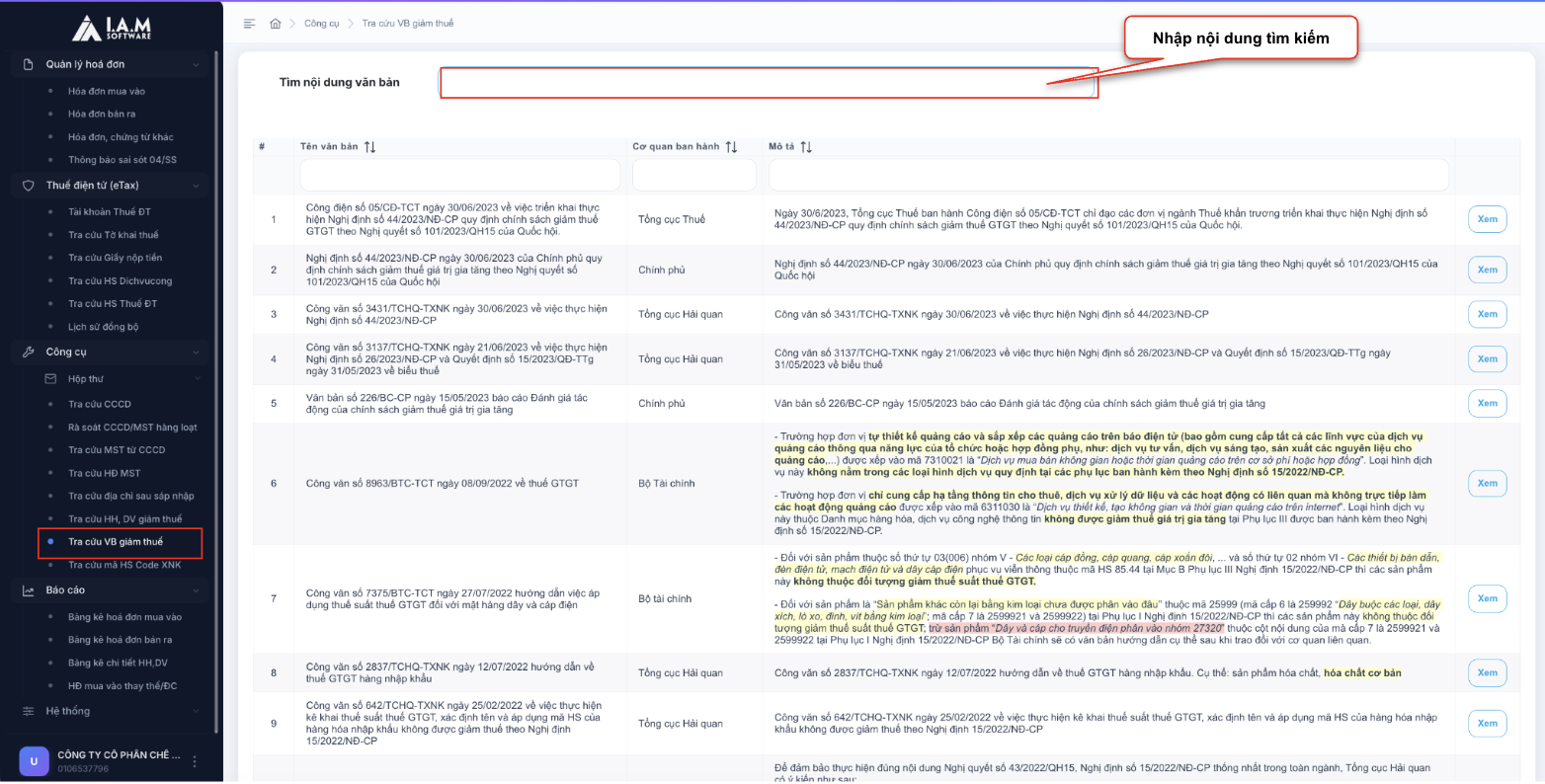 14. Màn hình thao tác tra cứu văn bản giảm thuế