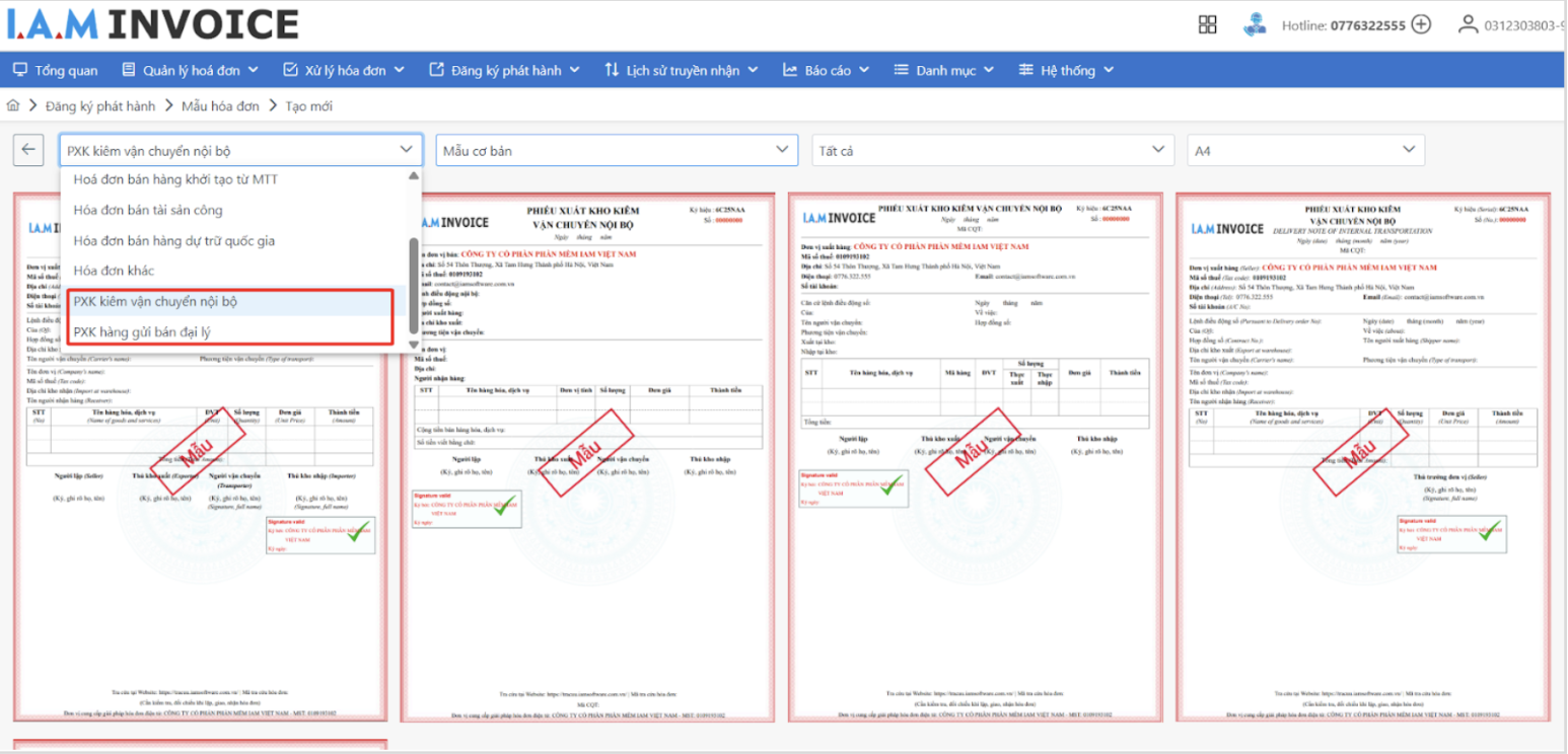 Màn hình danh sách mẫu PXK trên phần mềm