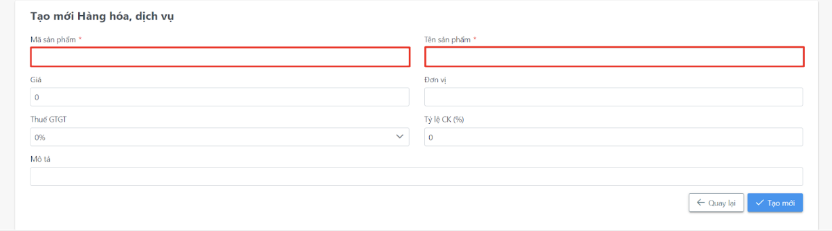 Màn hình tạo mới hàng hoá, dịch vụ