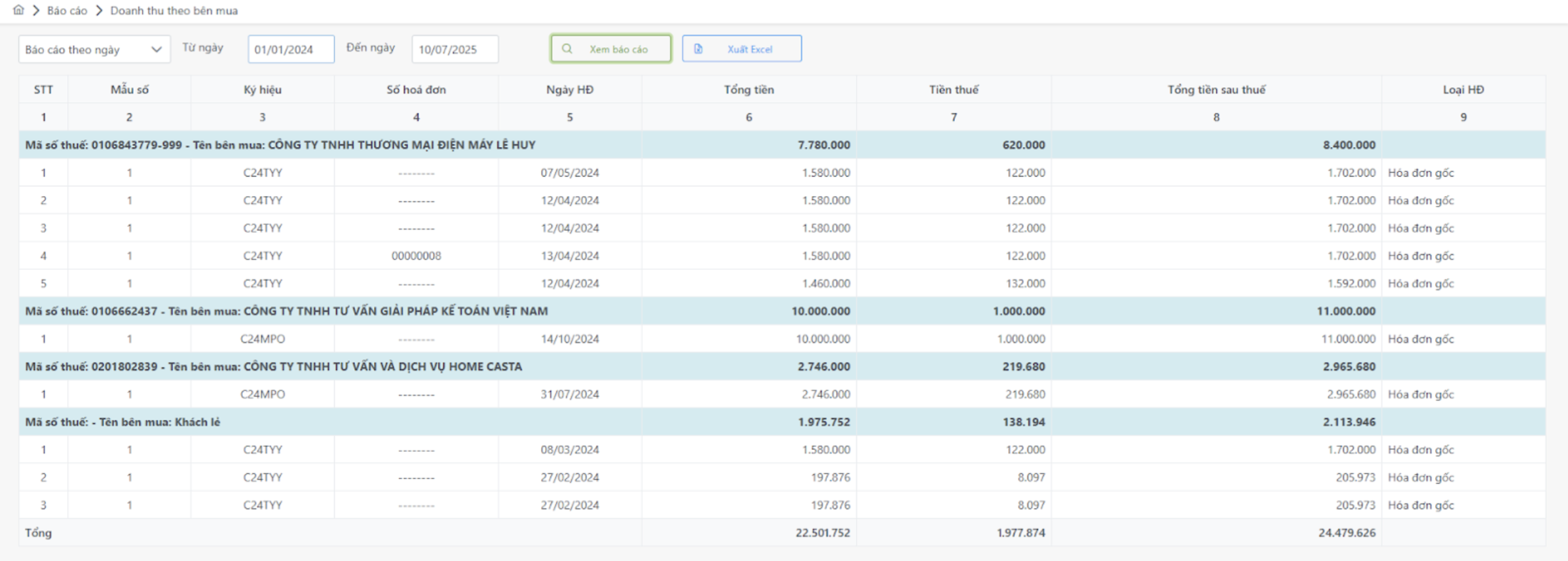 Màn hình Báo cáo doanh thu theo bên mua