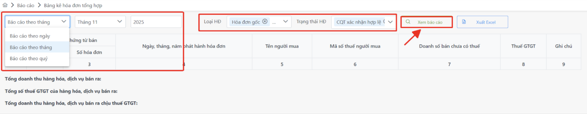 Màn hình báo cáo hoá đơn tổng hợp theo thời gian