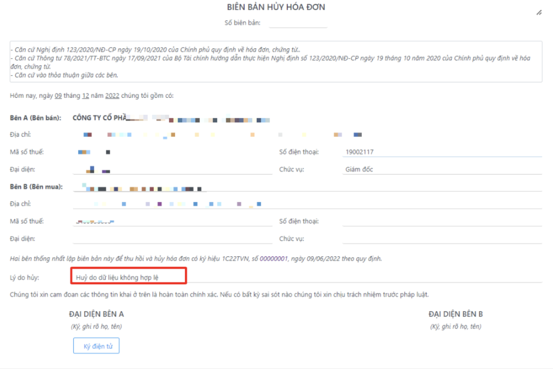 Màn hình biên bản huỷ hoá đơn