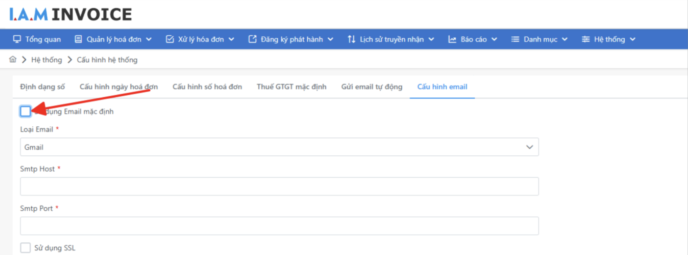 Màn hình cấu hình-email