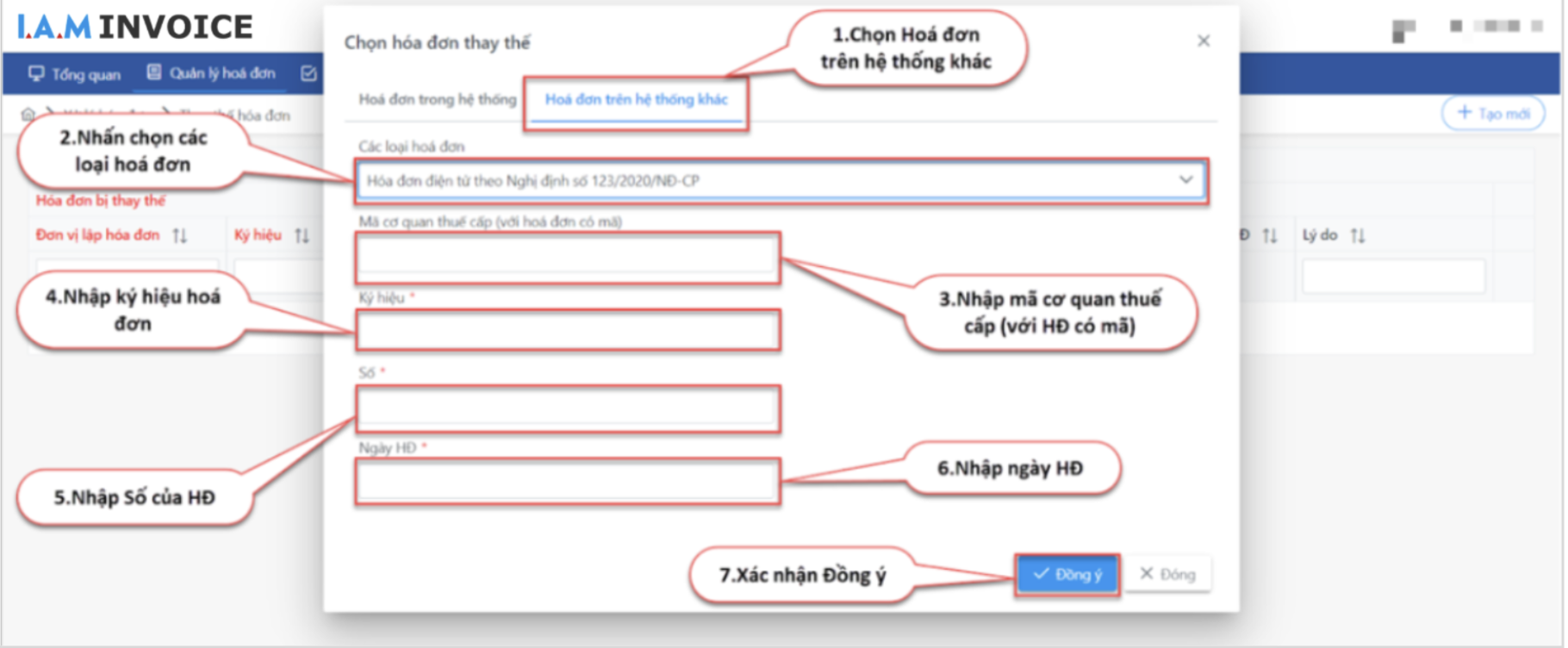 Màn hình thao tác chi tiết chọn hoá đơn thay thế trên hệ thống khác