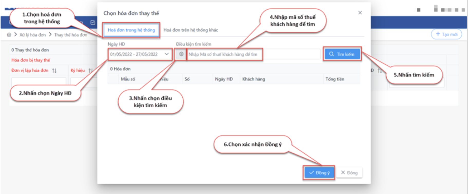 Màn hình thao tác chi tiết chọn hoá đơn thay thế