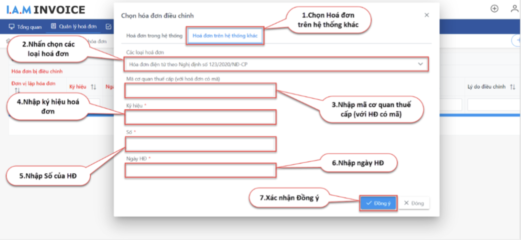 Màn hình thao tác chọn hoá đơn điều chỉnh trên hệ thống khác