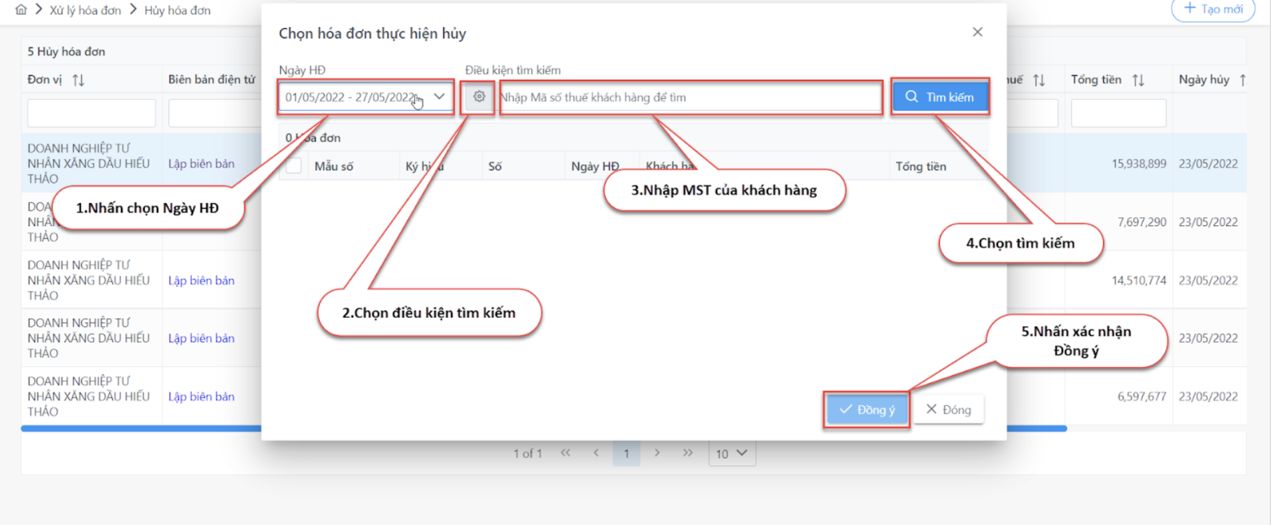 Màn hình thao tác chọn hoá đơn thực hiện huỷ