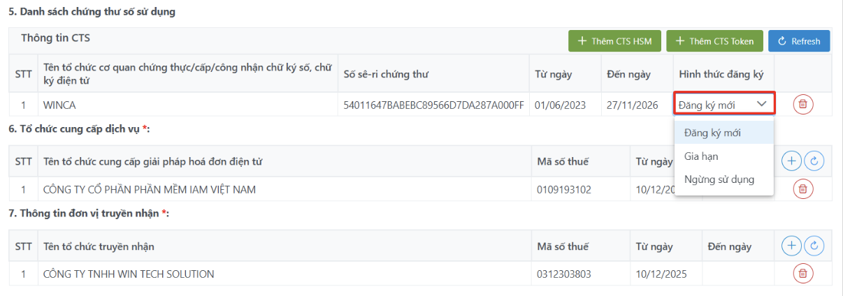Màn hình đăng ký chứng thư số