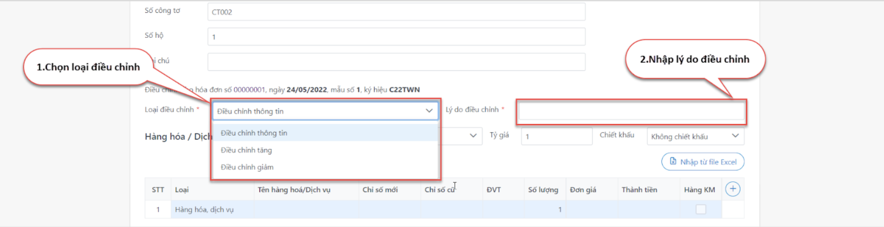 Màn hình thao tác điều chỉnh hoá đơn