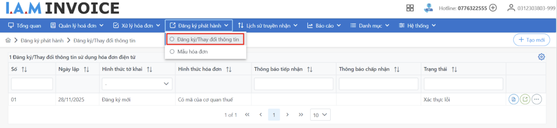 Màn hình đăng ký tờ khai