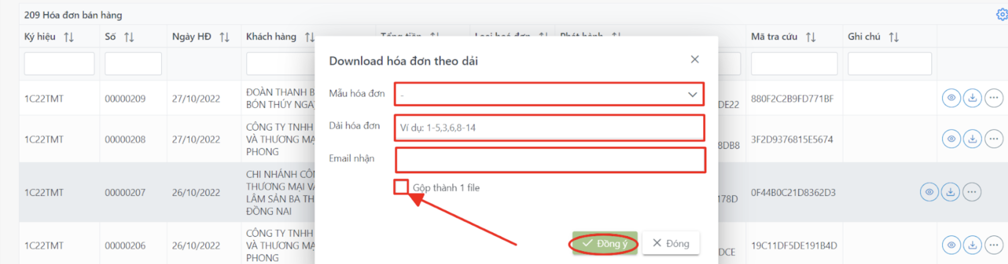 Màn hình thao tác download hóa đơn
