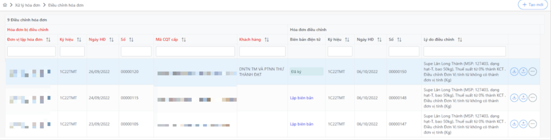 Màn hình danh sách hoá đơn điều chỉnh