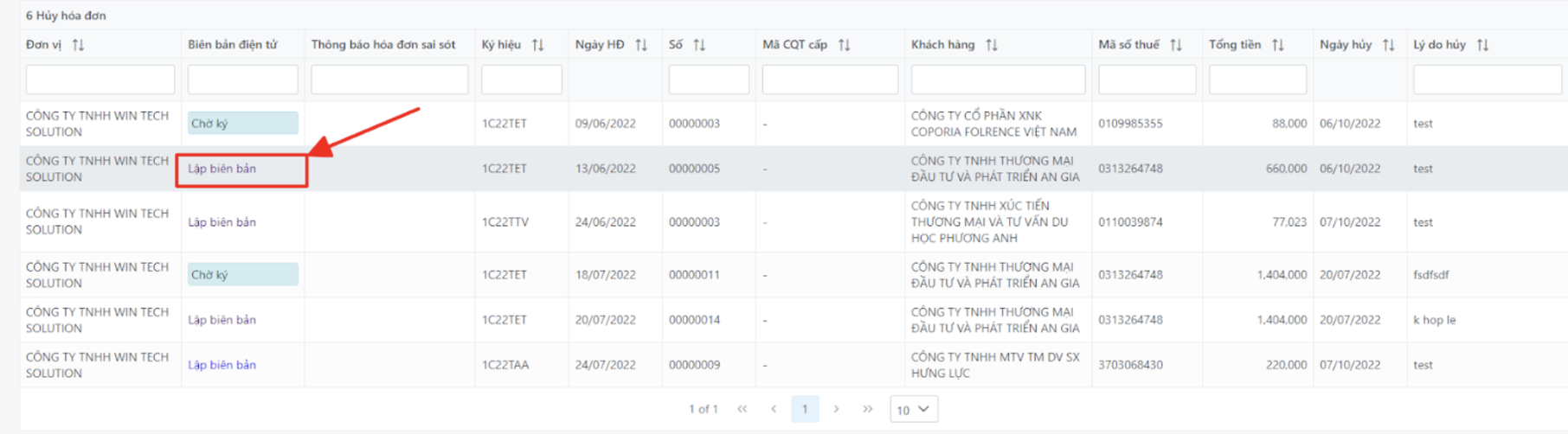 Màn hình danh sách hoá đơn thực hiện huỷ