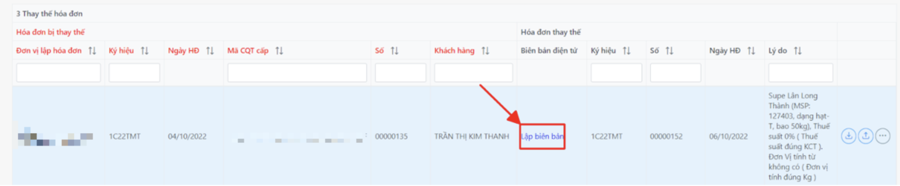Màn hình danh sách hoá đơn thay thế