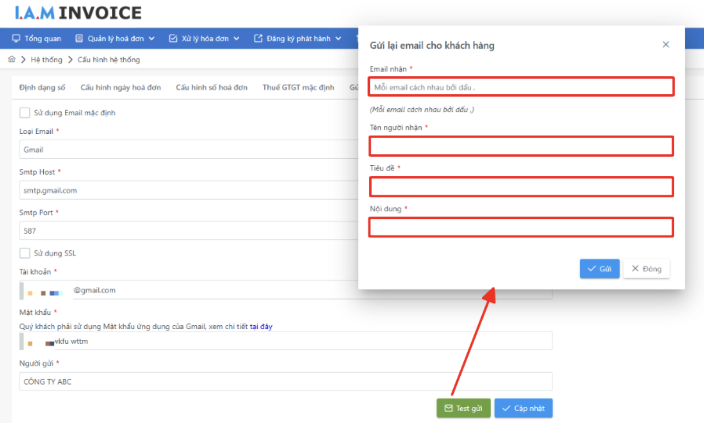 Màn hình thông tin gửi email khách hàng