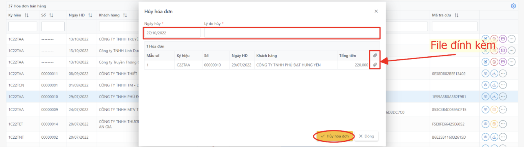 Màn hình thao tác huỷ hoá đơn