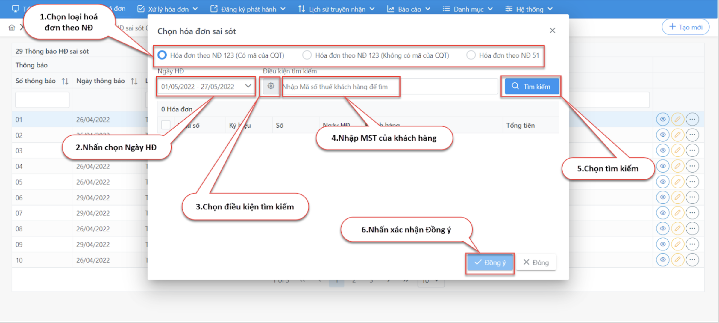 Màn hình chi tiết thao tác chọn hoá đơn sai sót