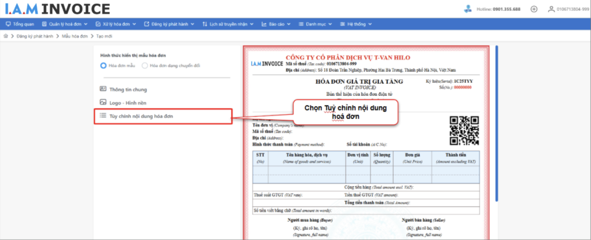Màn hình hiển thị mẫu hoá đơn