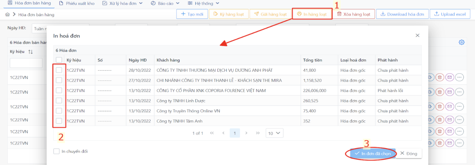 Màn hình thao tác in hàng loạt hóa đơn