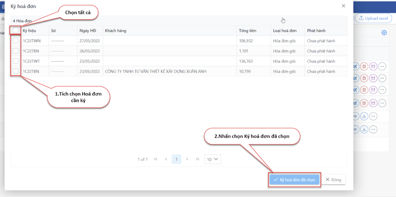 Màn hình ký hàng loạt hoá đơn
