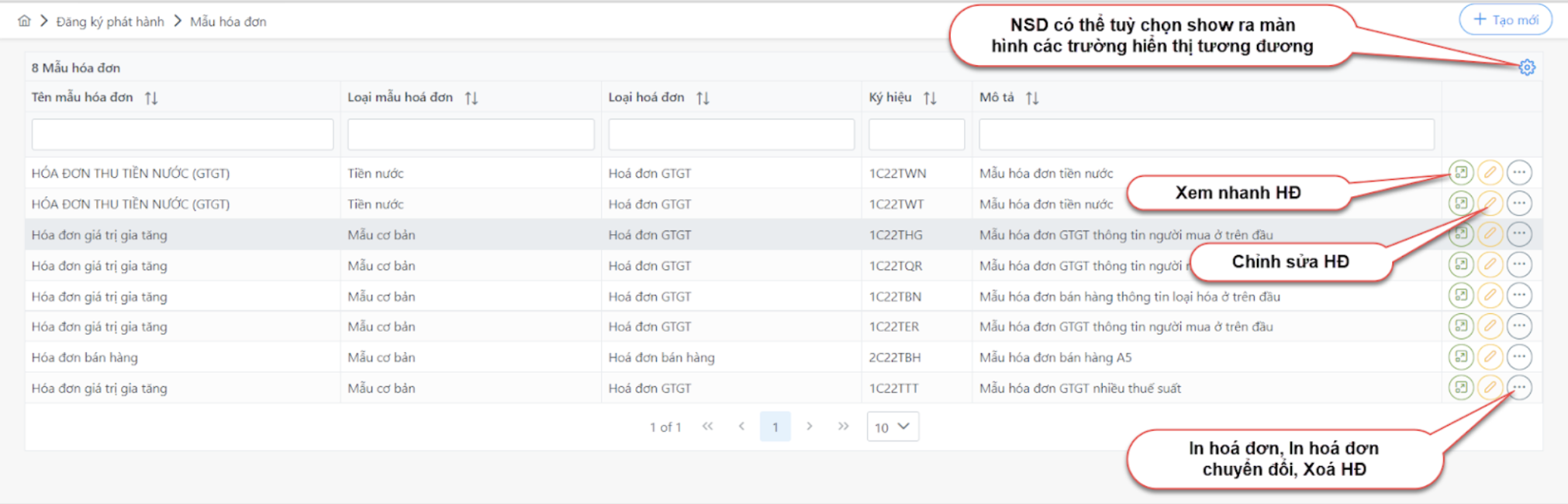 Màn hình danh sách mẫu hoá đơn