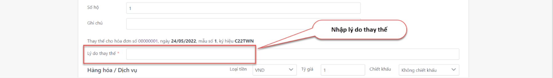 Màn hình thao tác nhập lý do thay thế hoá đơn