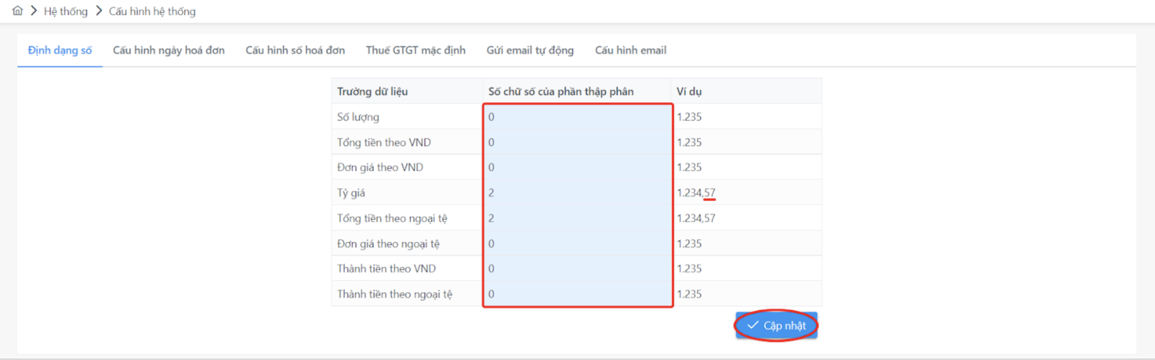 Màn hình định dạng số chữ số thập phân