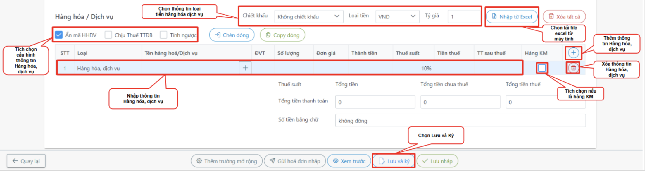 Màn hình chi tiết các trường thông tin khi tạo mới hóa đơn