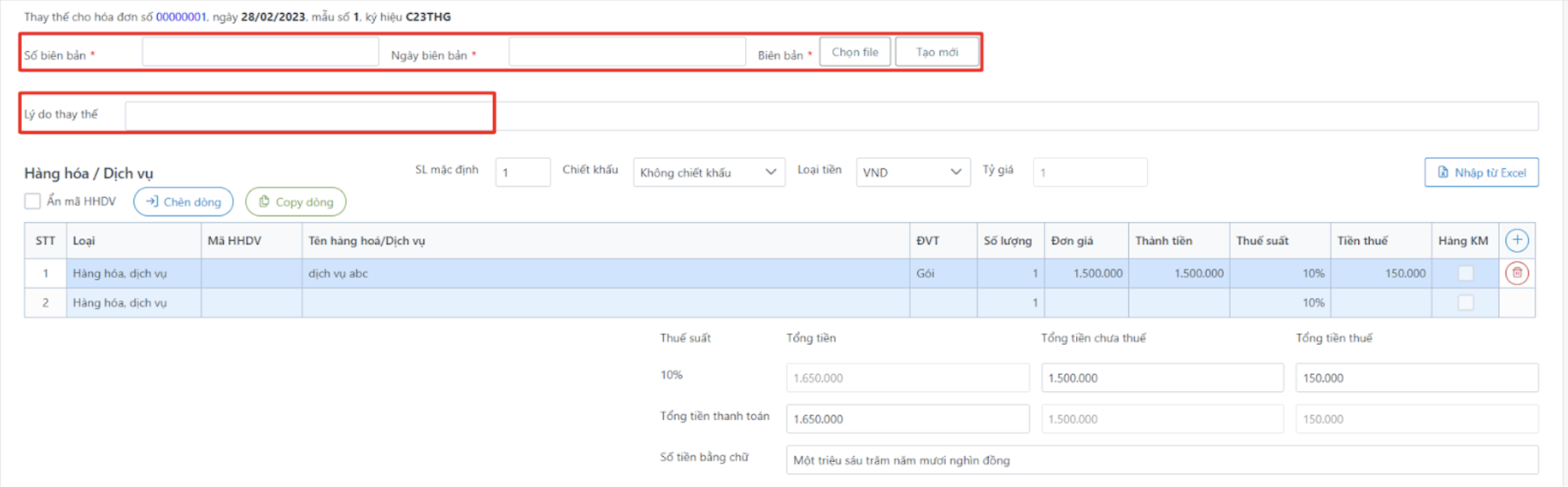 Màn hình hoá đơn thay thế