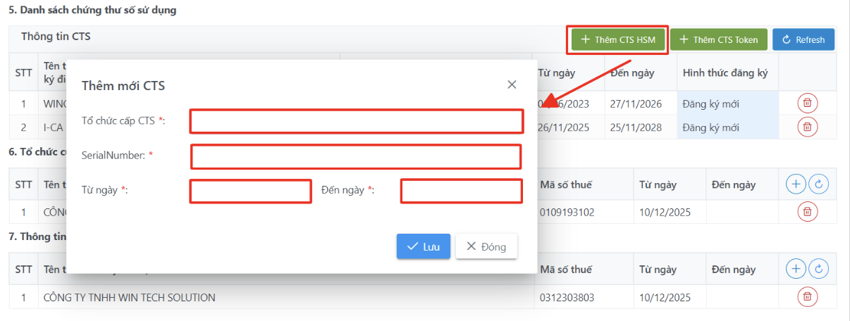 Màn hình thêm chữ ký số hsm