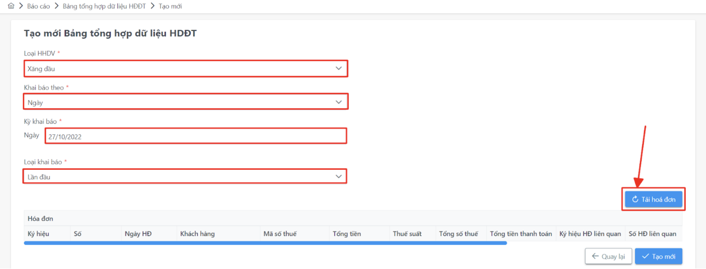 Màn hình Tạo mới Bảng tổng hợp dữ liệu HĐĐT