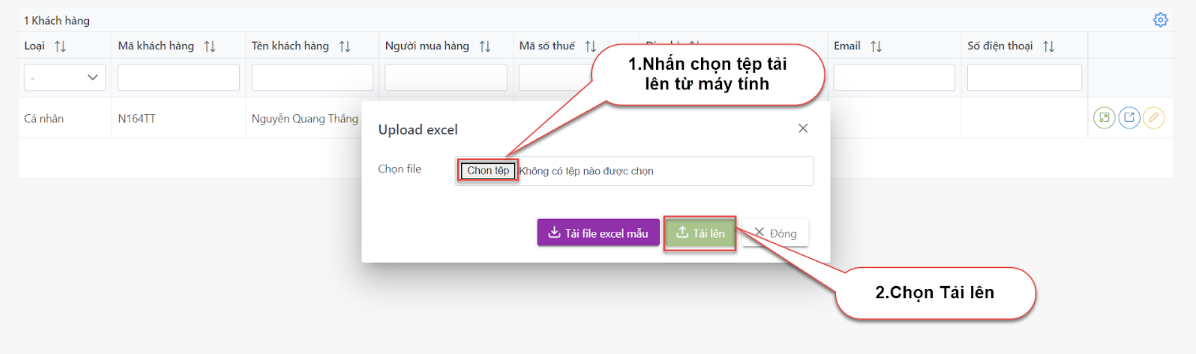 Màn hình upload excel khách hàng