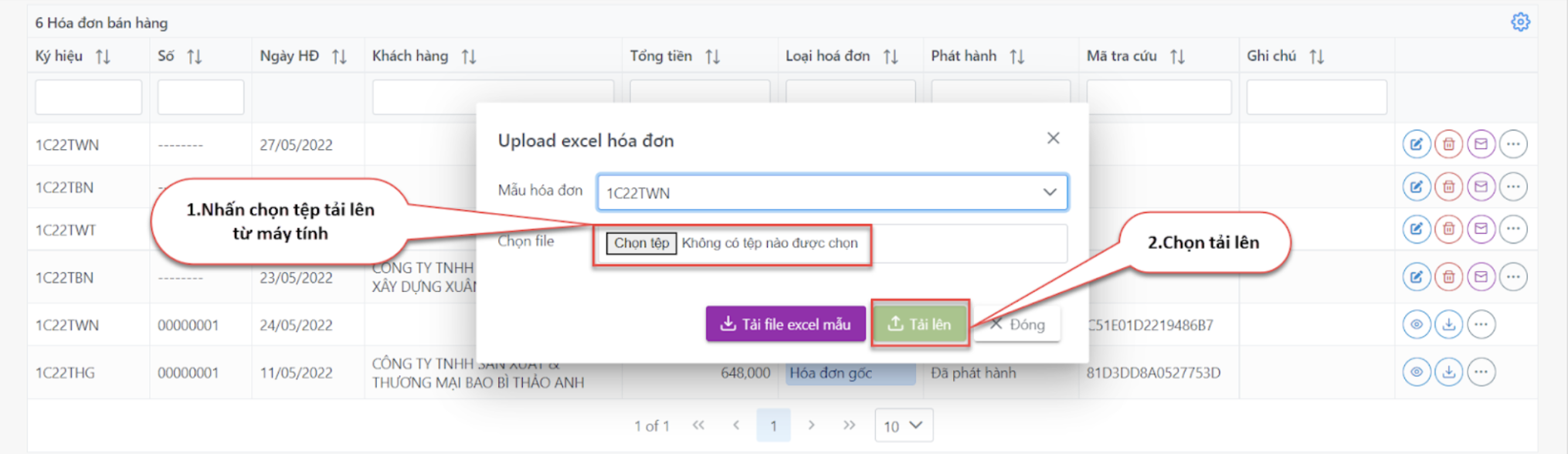 Màn hình thao tác upload excel hóa đơn