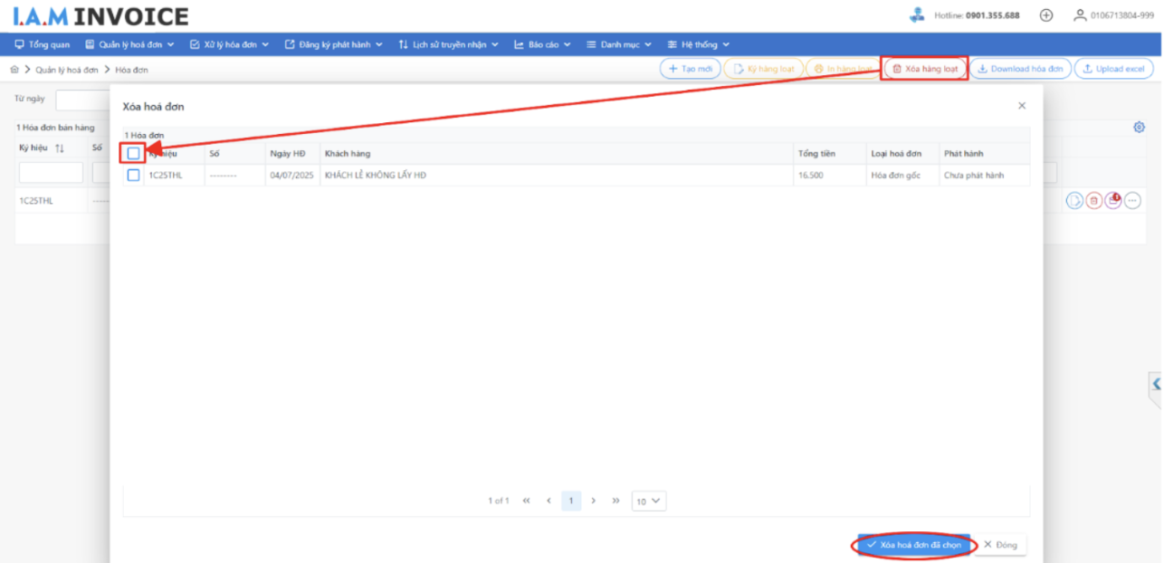Màn hình xoá hàng loạt hoá đơn