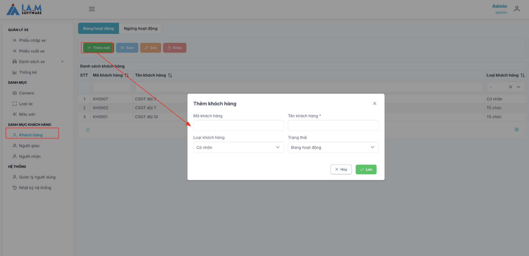 Màn hình thao tác thêm mới khách hàng