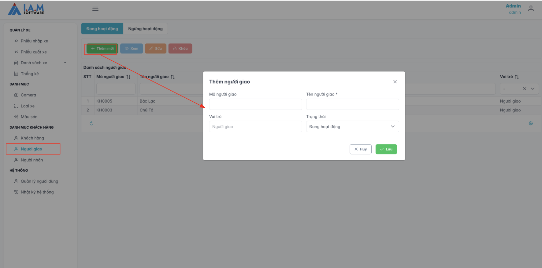 Màn hình thao tác thêm mới người giao
