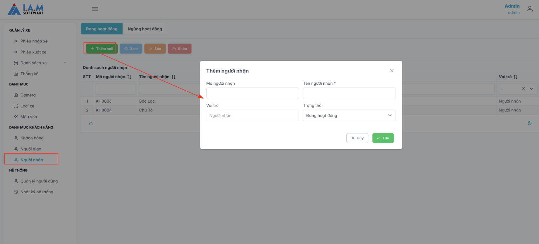 Màn hình thao tác thêm mới người nhận