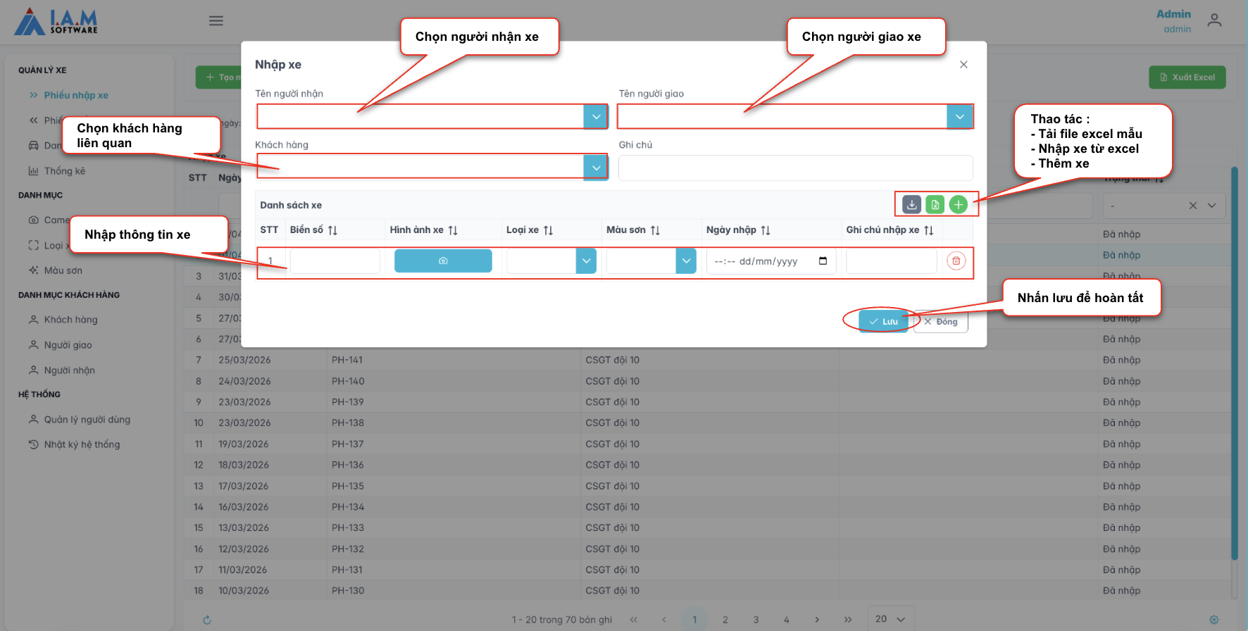 Màn hình thao tác tạo mới phiếu nhập xe