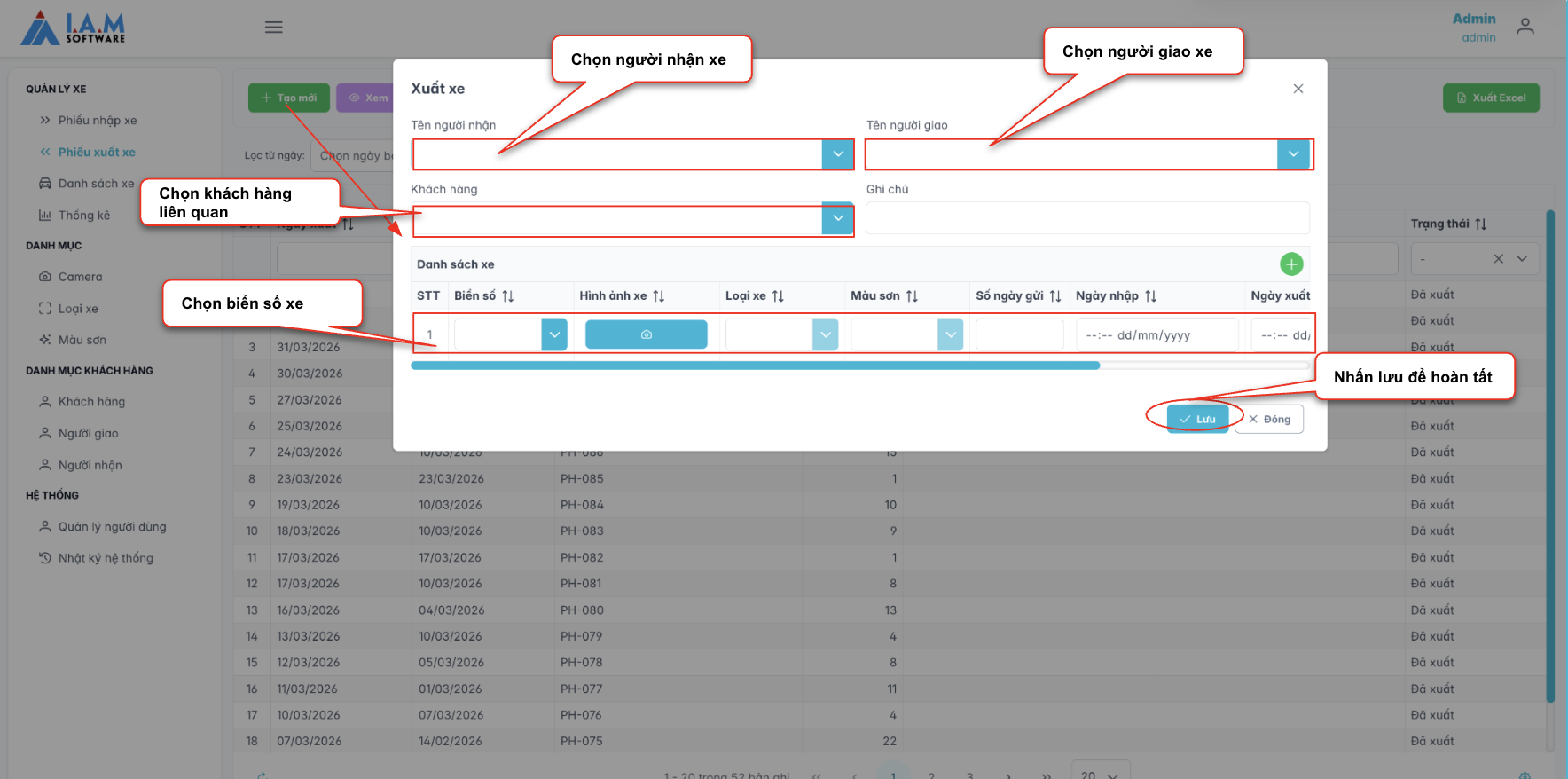 Màn hình thao tác tạo mới phiếu xuất xe