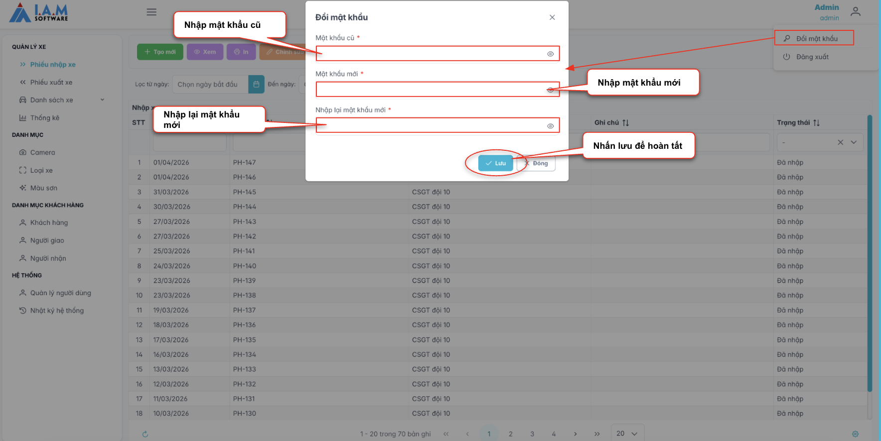 Màn hình thao tác đổi mật khẩu
