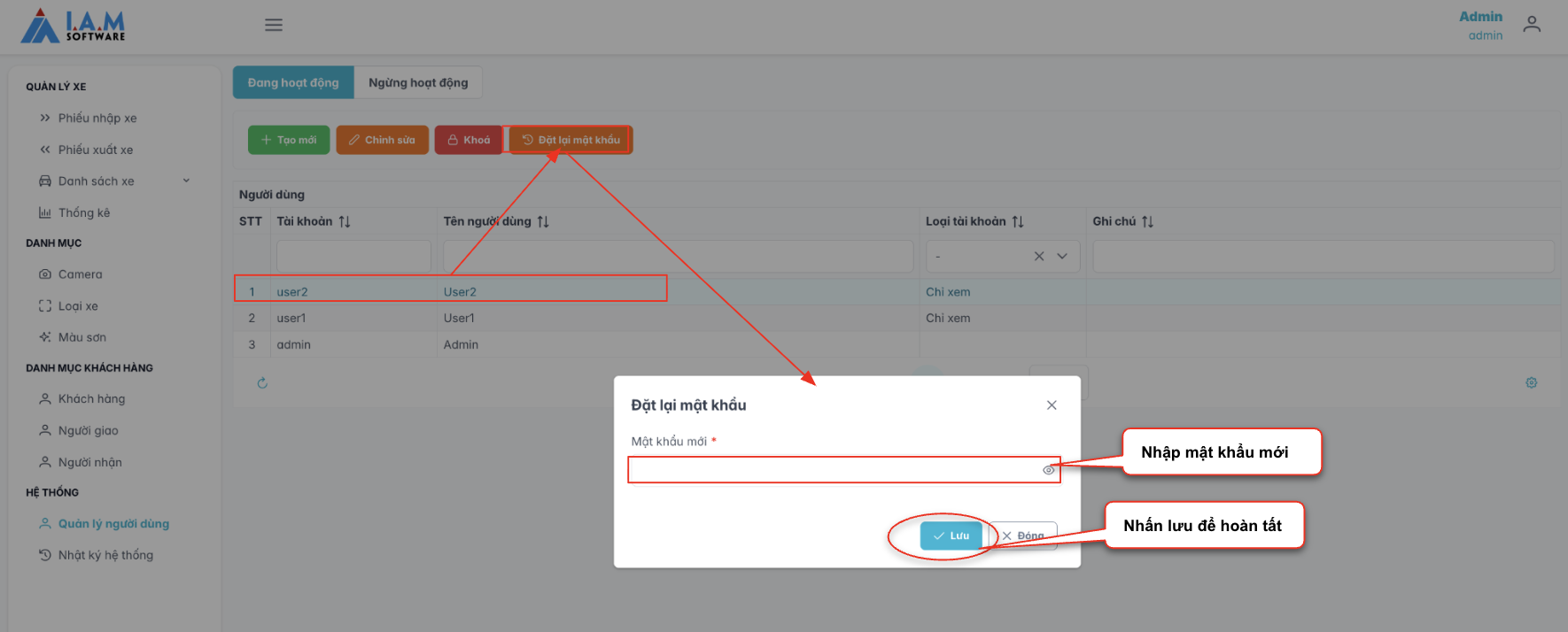 Màn hình thao tác đặt lại mật khẩu