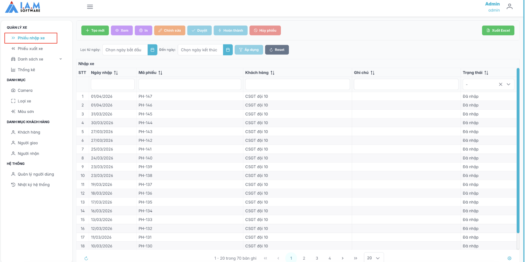 Màn hình danh sách Phiếu nhập xe