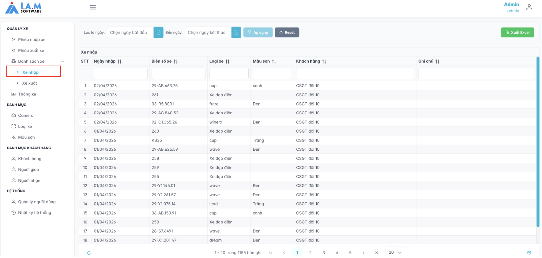 Màn hình danh sách xe nhập