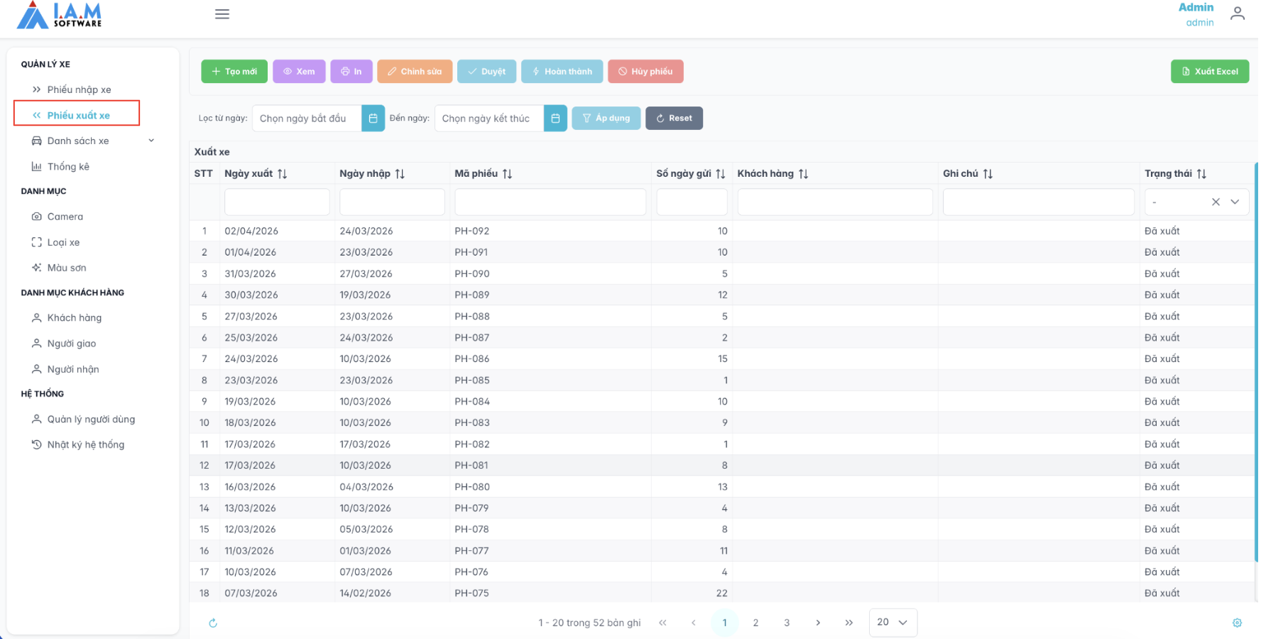 Màn hình danh sách phiếu xuất xe