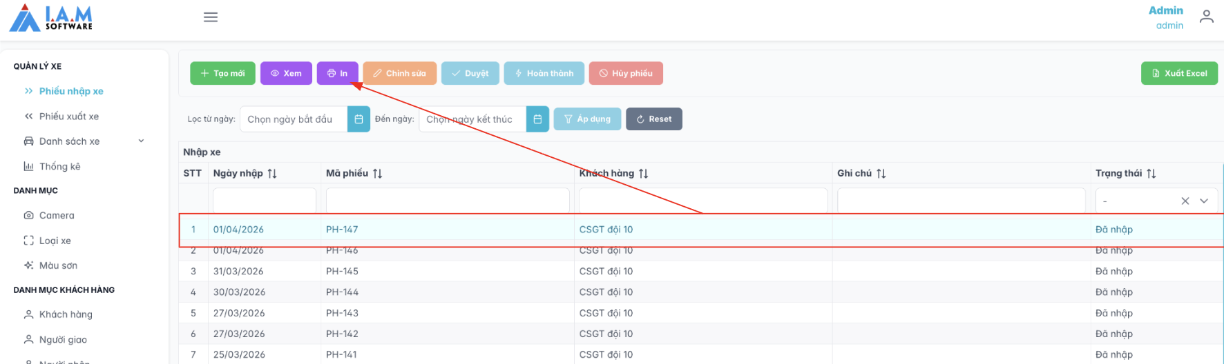 Màn hình thao tác in phiếu nhập