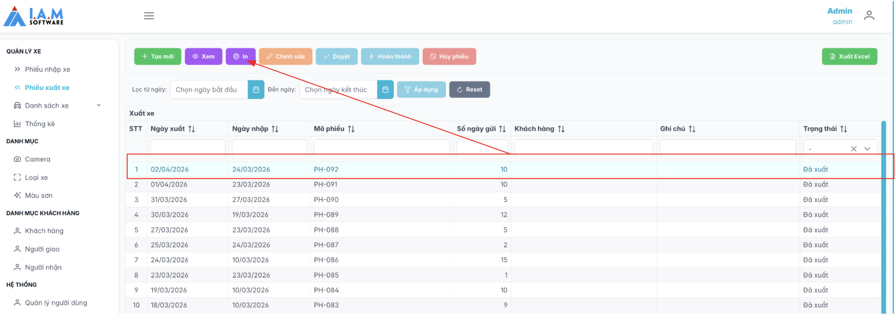 Màn hình thao tác in phiếu xuất