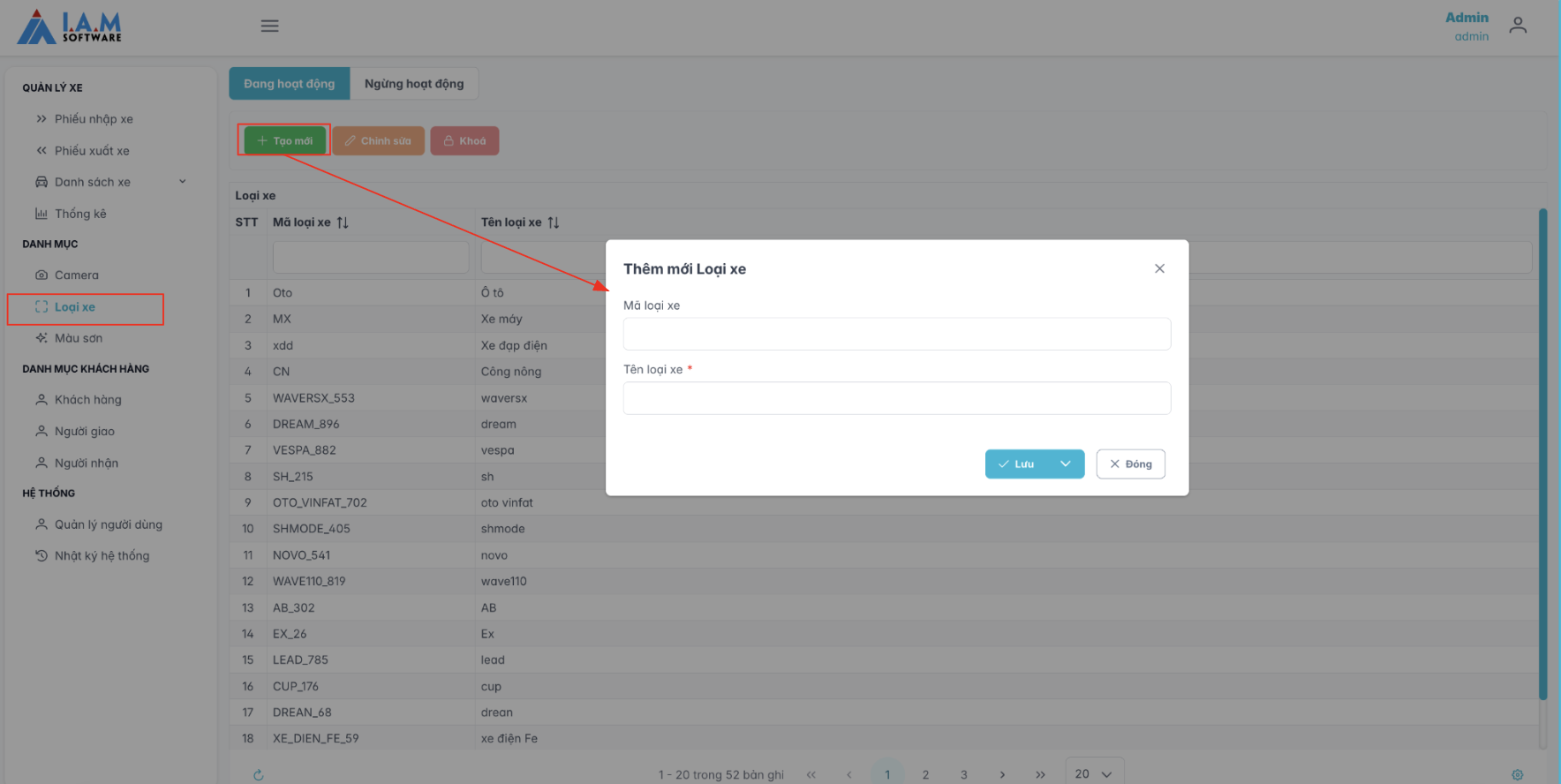 Màn hình thao tác tạo mới loại xe