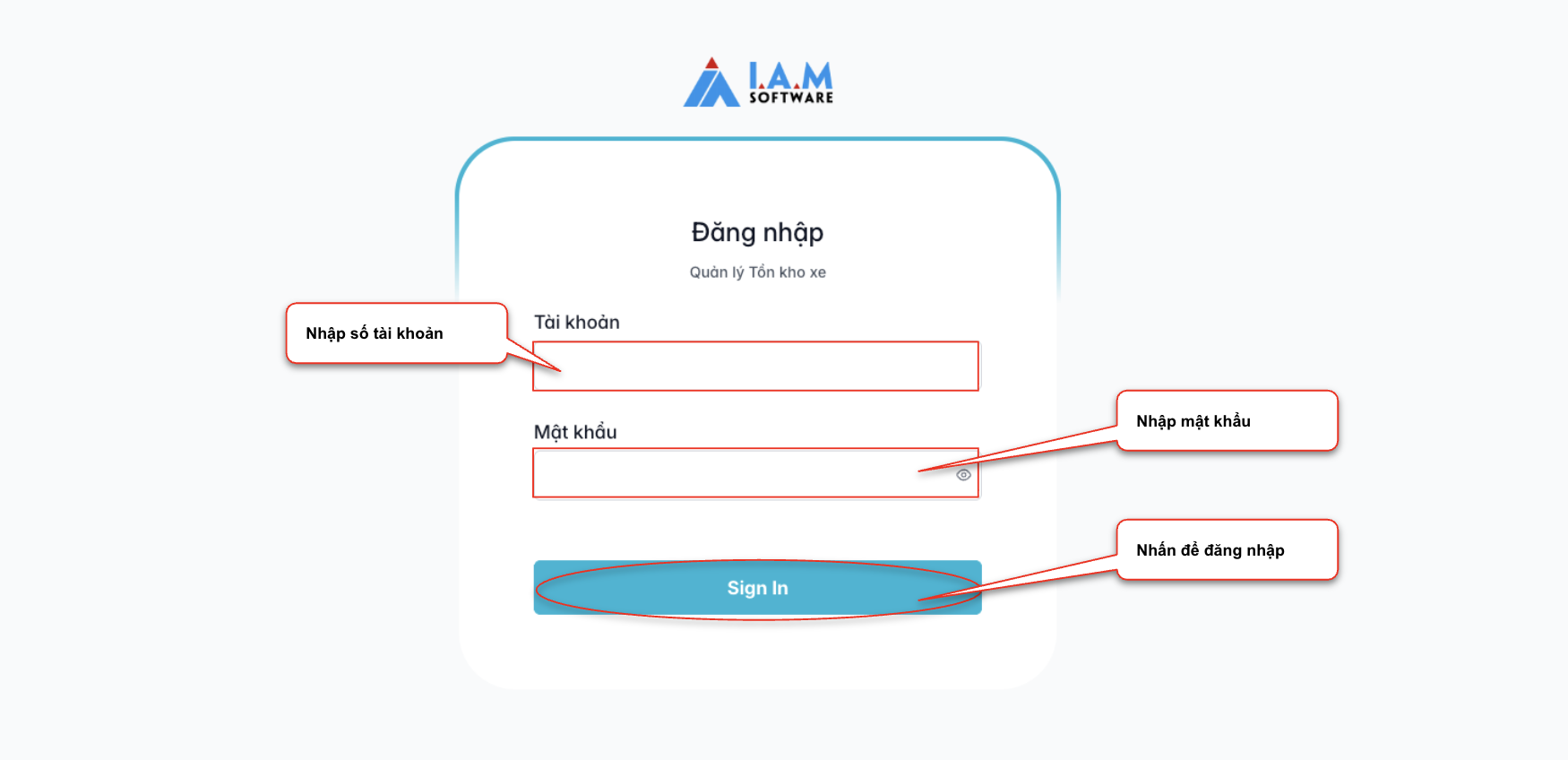 Màn hình đăng nhập phần mềm Quản lý tồn kho xe