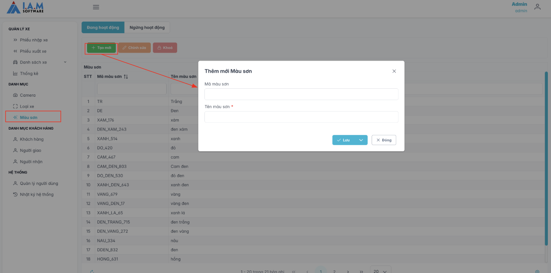 Màn hình thao tác tạo mới màu sơn